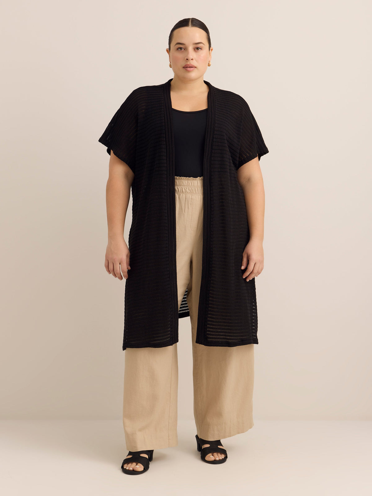 Relaxed-Fit Short-Sleeve Crochet Tunic Cardigan