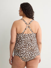 Leopard V-Neck Tankini Top with Back Ring Detail