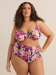 Coloured Foliage-Print Underwire Ruched Bikini Top