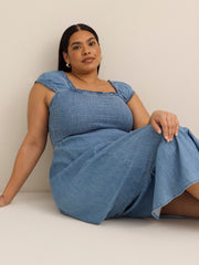 Smocked Denim Maxi Dress with Cap Sleeves