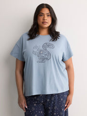 Blue Short-Sleeve Boxy Pyjama Top with Squirrel Print - tiVOGLIO