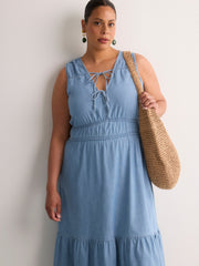 Denim Sleeveless V-Neck Tiered Maxi Dress - Addition Elle
