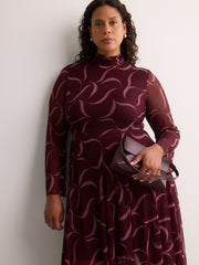 Ribbon-Print Mock-Neck Fit and Flare Midi Dress - Addition Elle