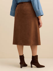 Tan Faux-Suede Buttoned Down Midi Skirt