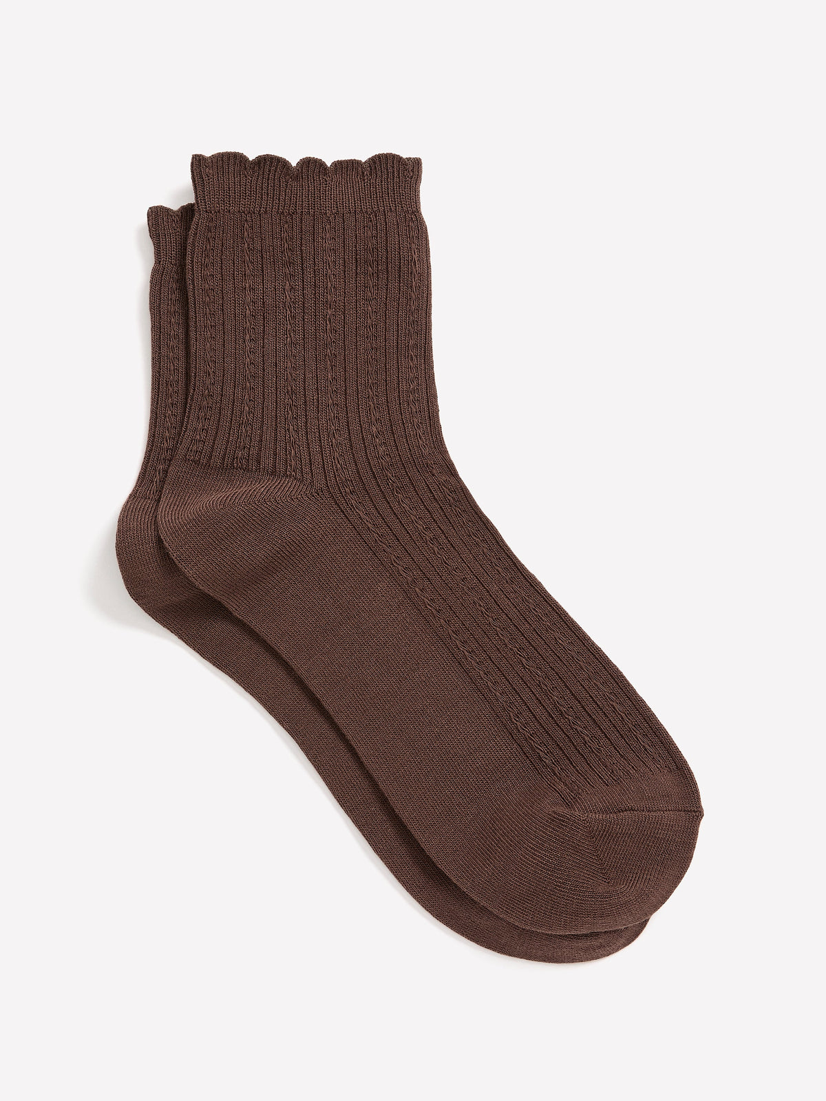 Brown Textured Ankle Socks with Scalloped Edge