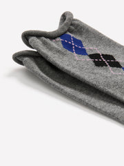 Grey Rolled-Edge Crew Socks with Argyle Print