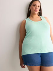 Scoop-Neck Embroidered Ribbed Knit Fitted Tank Top