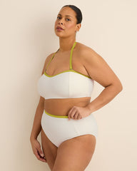 White High-Waisted Textured Swim Brief with Contrast Binding