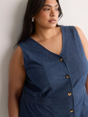 Denim Fit and Flare Sleeveless V-Neck Vest Blouse
