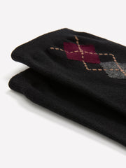 Black Rolled-Edge Crew Socks with Argyle Print