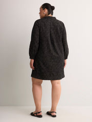 Black A-Line Long-Sleeve Denim Dress with Ruffled Collar