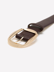 Brown Faux Leather Wide Denim Belt with Oval Plaque Buckle
