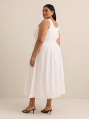 White Eyelet Lace Sleeveless Midi Dress with Elastic Waist