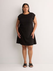 Crew-Neck Extended-Sleeve Knit Dress with Side Shirring