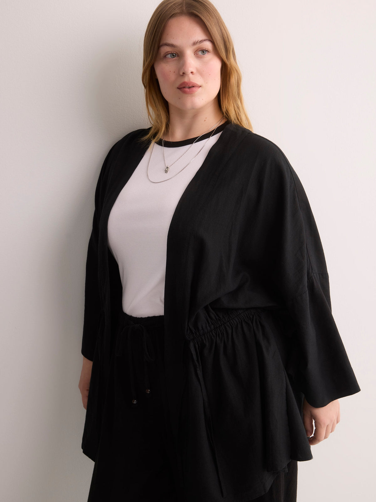 Linen-Blend Loose Kimono Tunic with Waist Drawstring