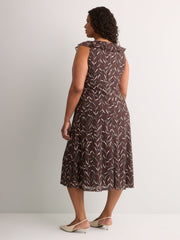 Leaf-Print Sleeveless Midi Dress with Ruffled Empire Waist - Addition Elle