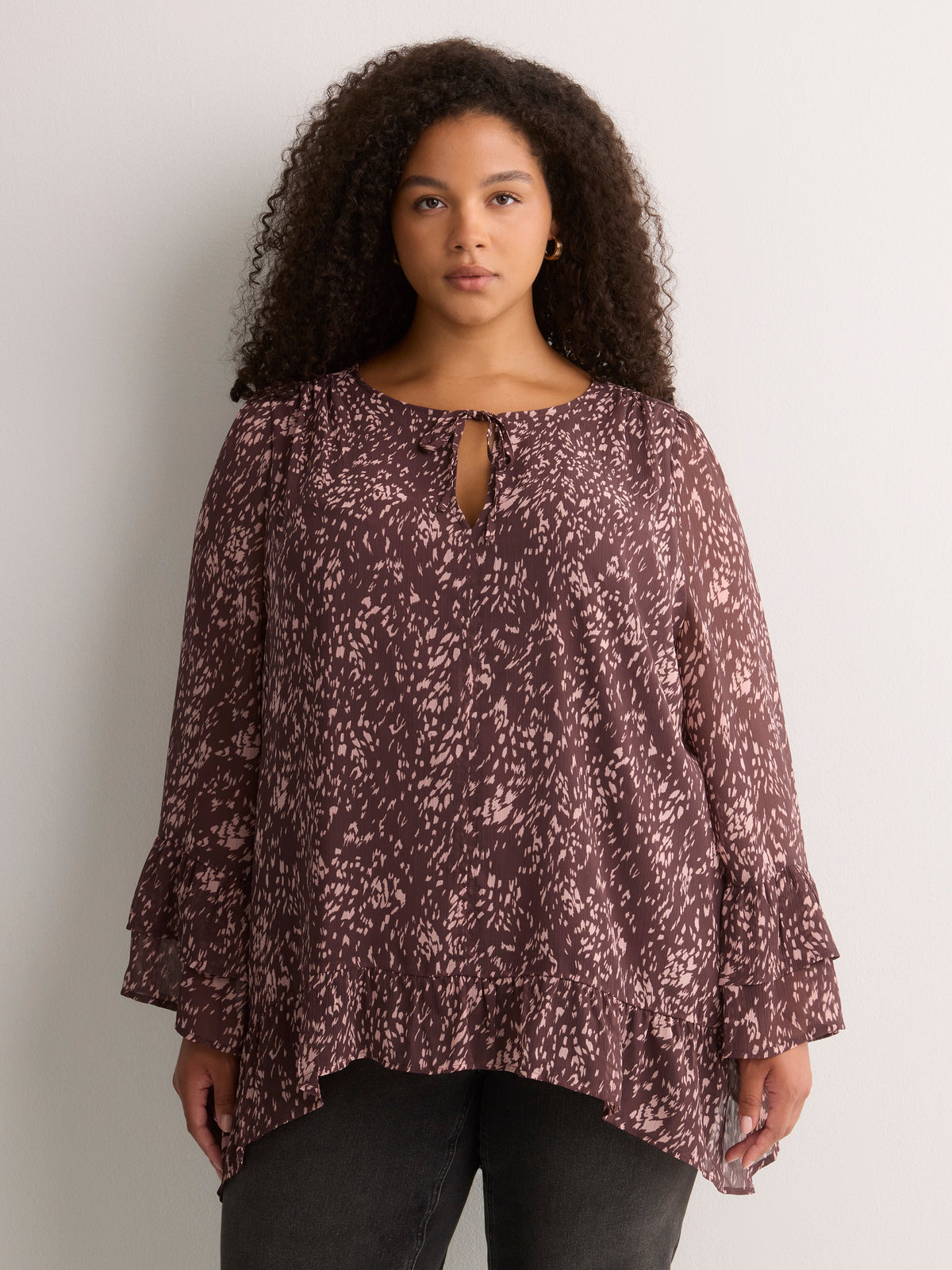 Split-Neck Long Flounce Sleeve Asymmetrical Blouse