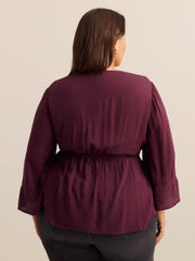 Wide-Sleeve V-Neck Blouse with Decorative Tape - Addition Elle