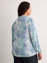 Responsible, Blue Floral A-Line Blouse with Split Ruffled Collar