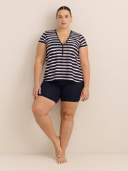 Navy Striped Short-Sleeve Henley Tankini Top