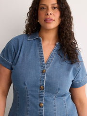 Denim Buttoned-Down Dolman Sleeve Shirt Dress