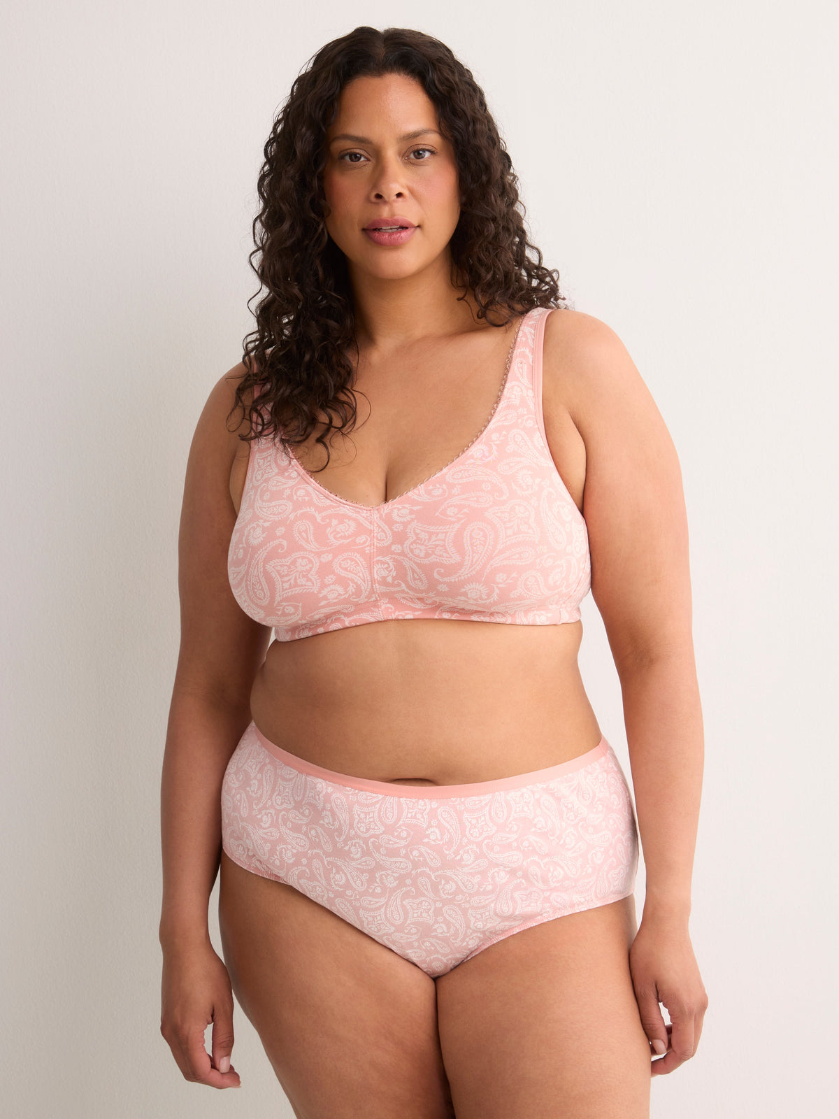 Wireless Pink Paisley-Print Cotton Bra with Picot Trim - tiVOGLIO