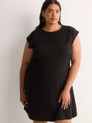 Crew-Neck Extended-Sleeve Knit Dress with Side Shirring