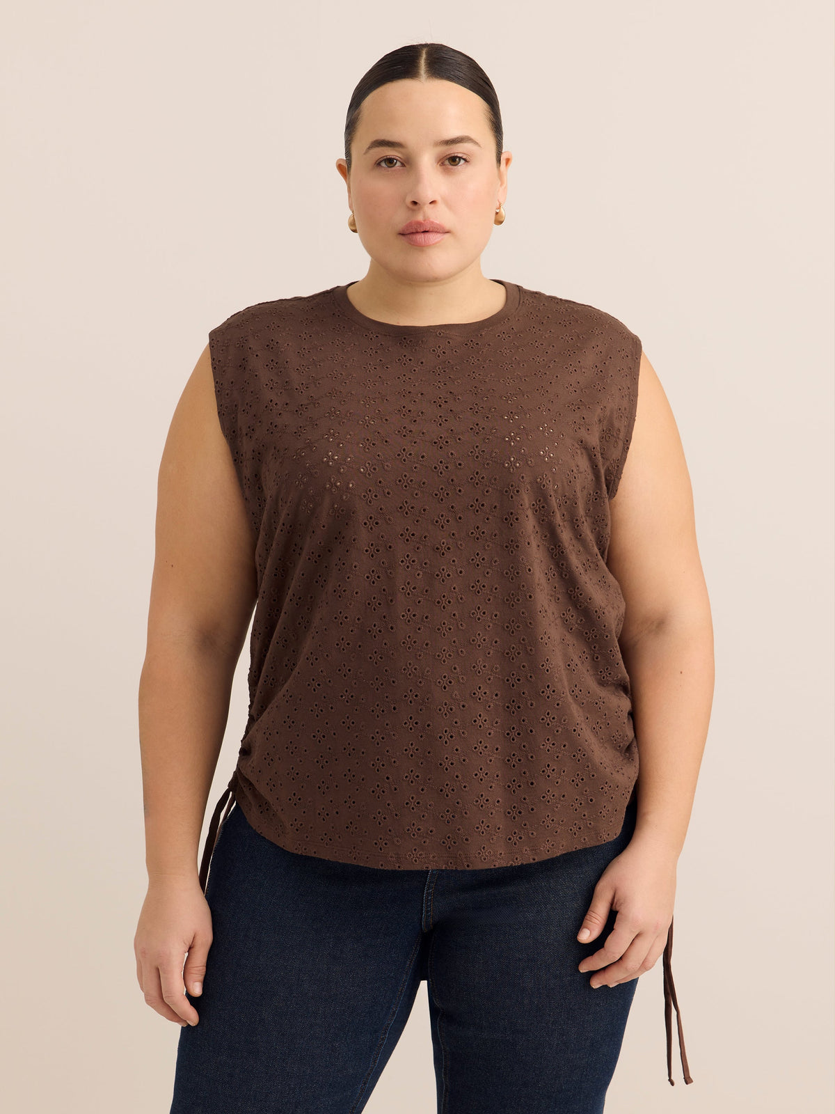 Sleeveless Eyelet Knit Top with Shirred Sides