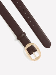 Brown Faux Leather Wide Denim Belt with Oval Plaque Buckle