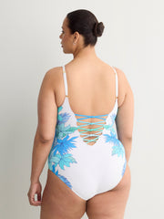 Plunging Lace-Down One-Piece Swim Suit - Bleu by Rod Beattie