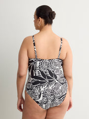 Black Foliage-Print Twisted Bandeau One-Piece Swimsuit