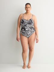 Black Foliage-Print Twisted Bandeau One-Piece Swimsuit