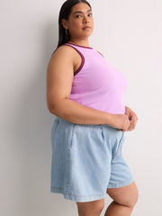 Curvy-Fit High-Rise Pleated Denim Shorts
