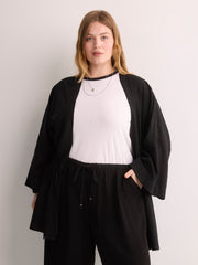 Linen-Blend Loose Kimono Tunic with Waist Drawstring