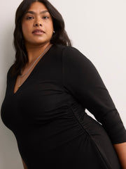 Black Fit and Flare V-Neck Shirred Knit Midi Dress - Addition Elle