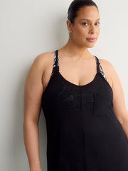Black Foliage-Print Bikini Top With Front Knot
