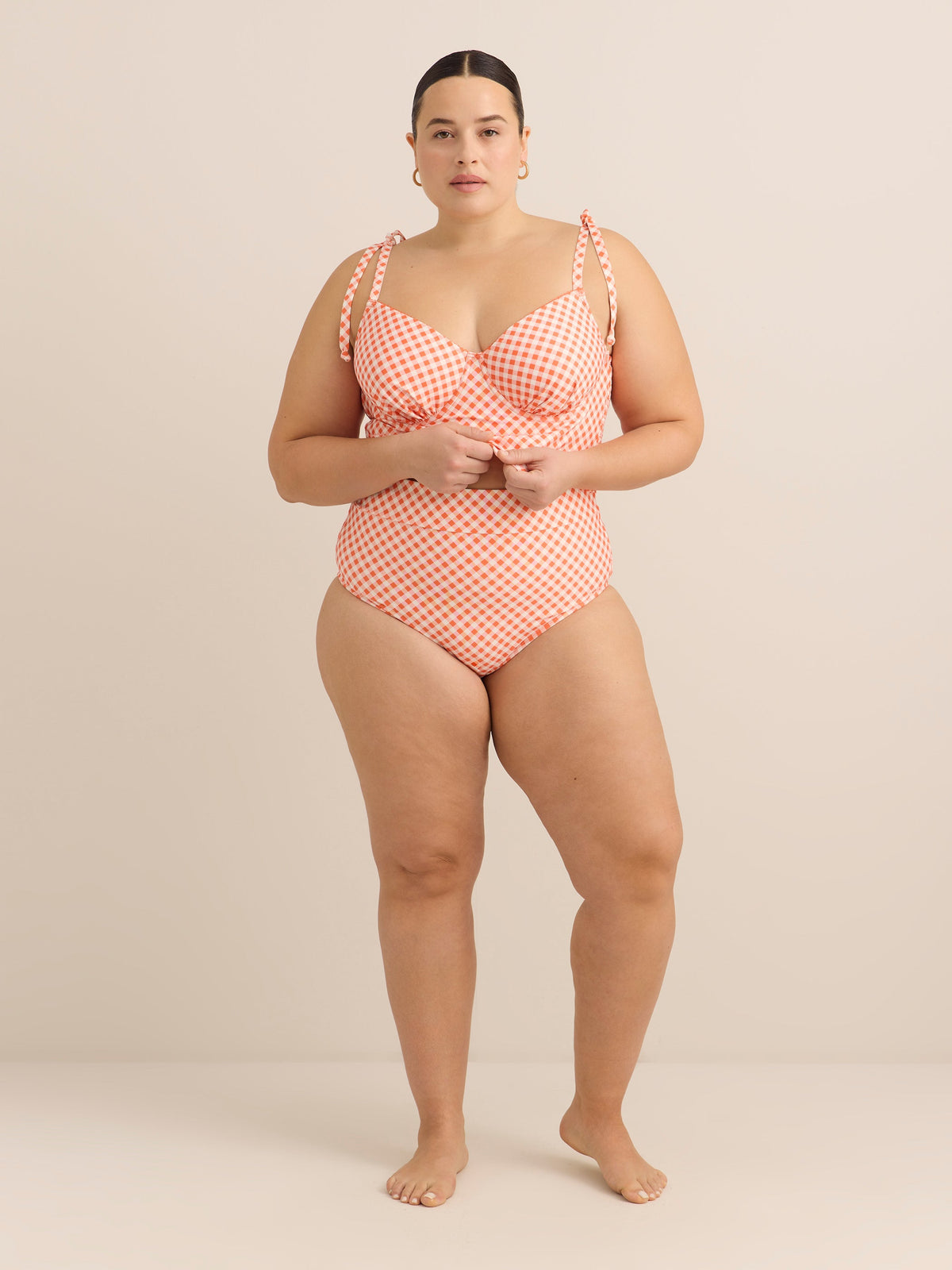 Coral Gingham High-Waist Swim Brief